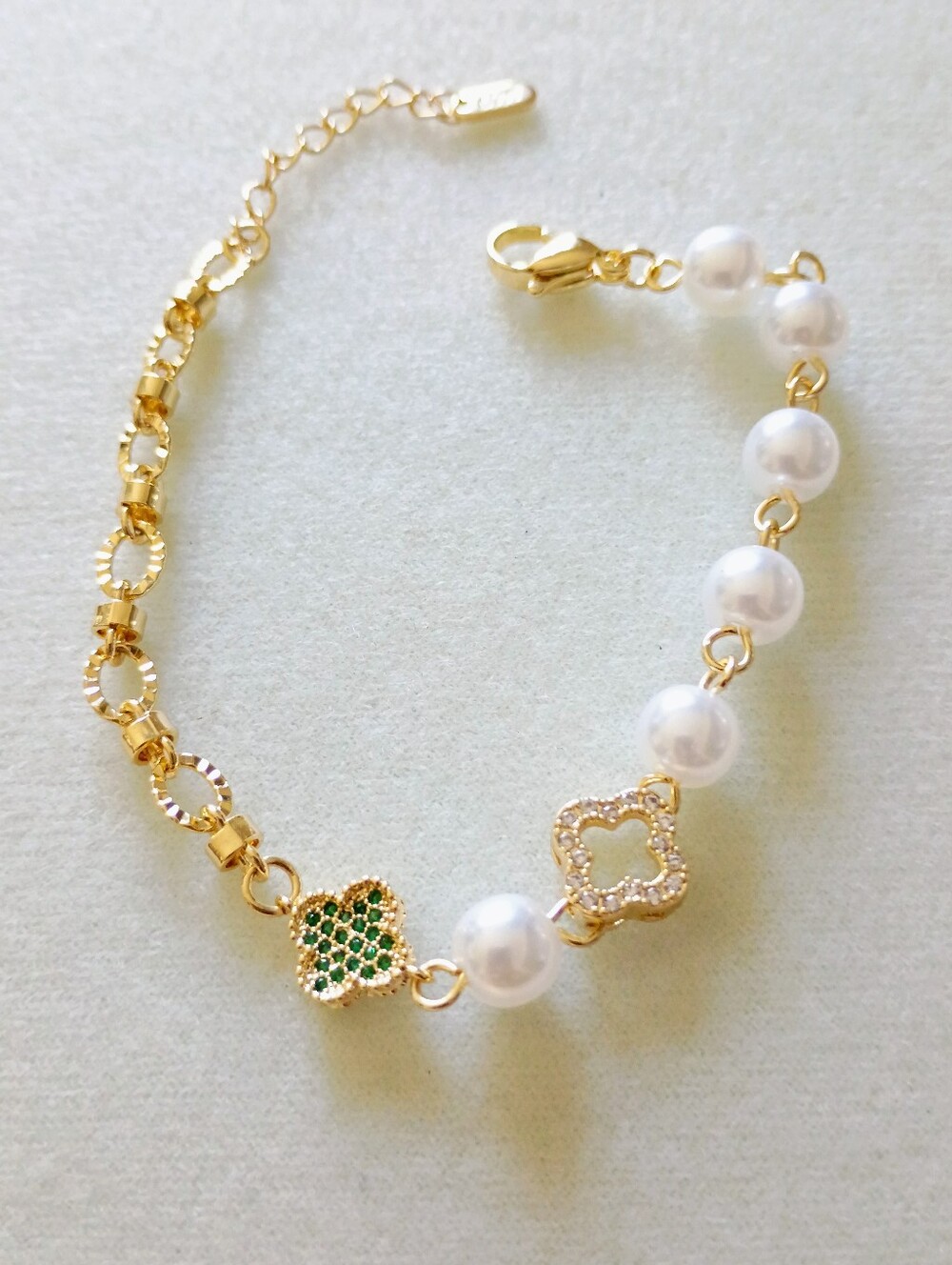 New Gold Plated FauxPearl Bracelet with Green Crystal Clover Accent